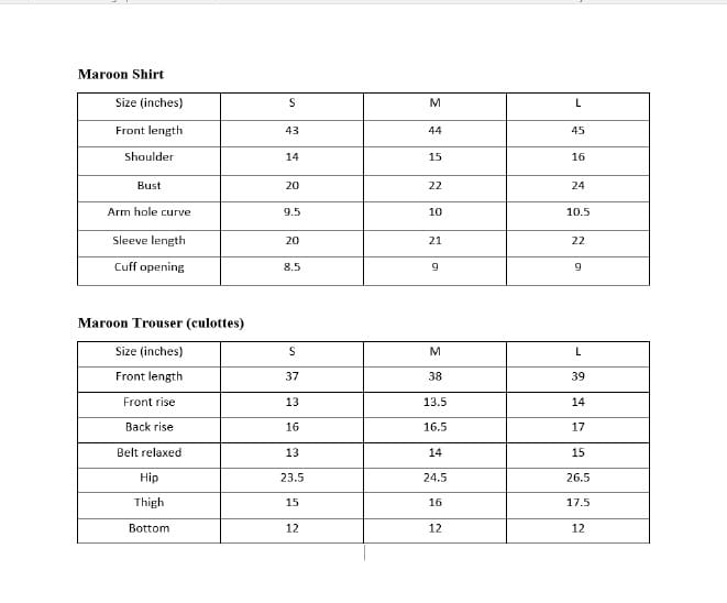 ARSHAÉ size chart for Ruby Red — S, M and L measurements