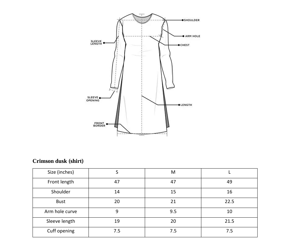 ARSHAÉ shirt size chart for Crimson Dusk — S, M and L measurements