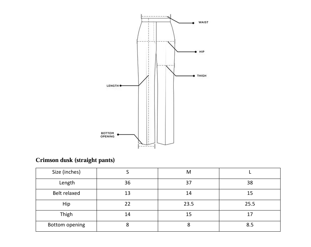 ARSHAÉ trouser size chart for Crimson Dusk — S, M and L measurements