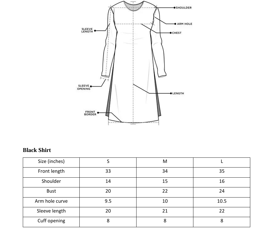 ARSHAÉ shirt size chart for Eternal Black — S, M and L measurements