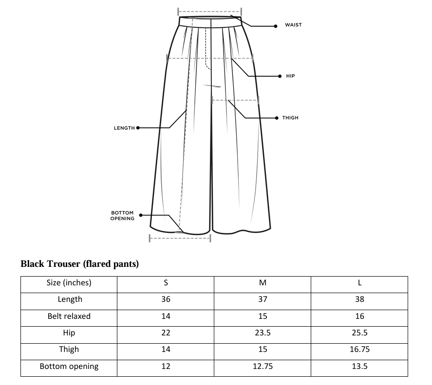 ARSHAÉ trouser size chart for Eternal Black — S, M and L measurements