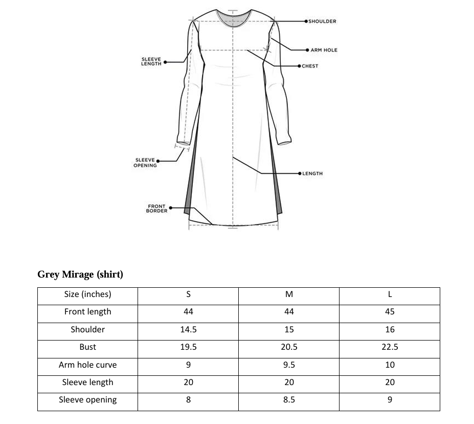 ARSHAÉ shirt size chart for Grey Mirage — S, M and L measurements
