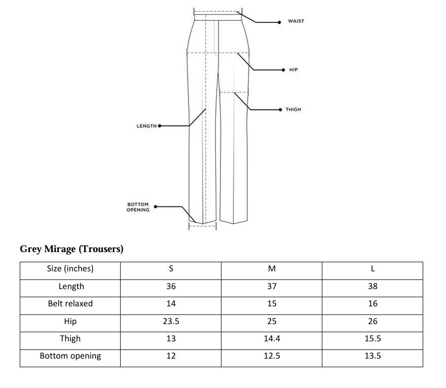 ARSHAÉ trouser size chart for Grey Mirage — S, M and L measurements