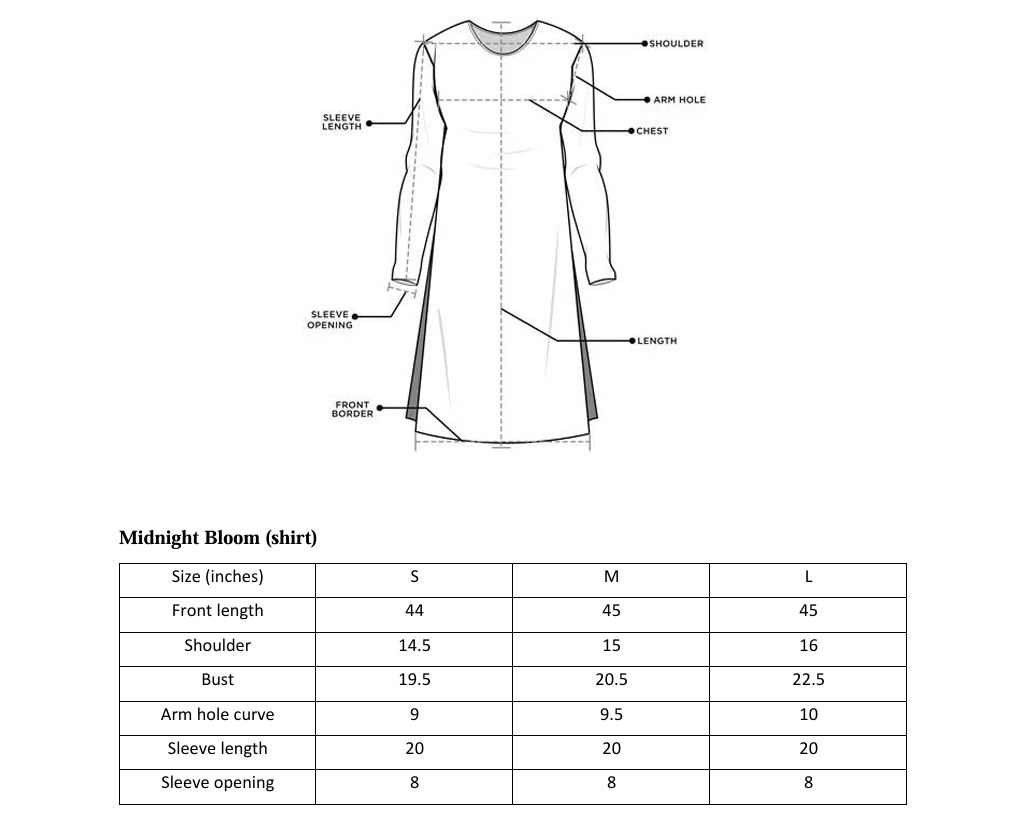 ARSHAÉ shirt size chart for Mid Night Bloom — S, M and L measurements