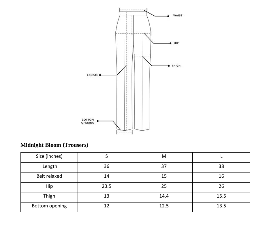 ARSHAÉ trouser size chart for Mid Night Bloom — S, M and L measurements