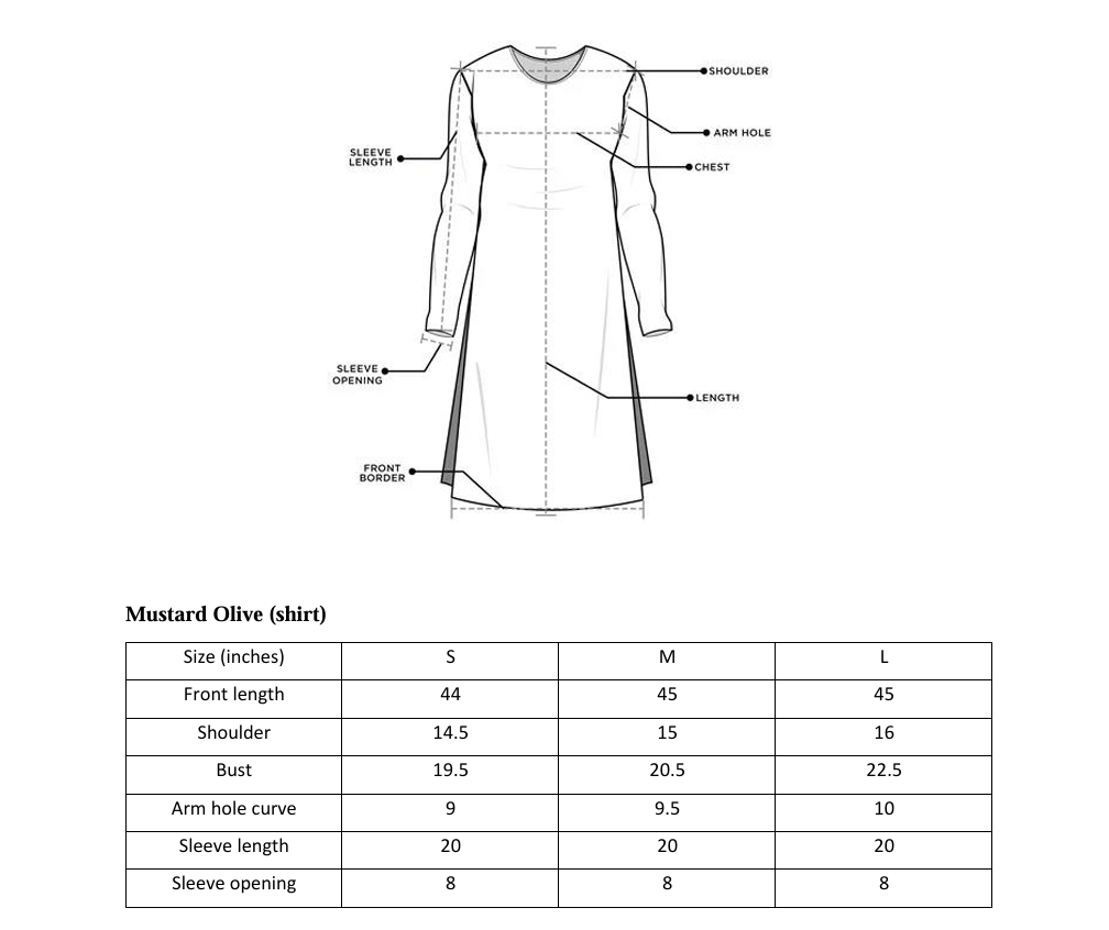 ARSHAÉ shirt size chart for Mustard Olive — S, M and L measurements