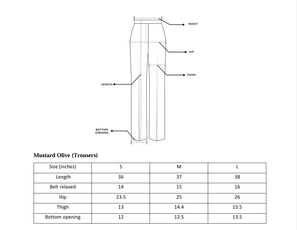 ARSHAÉ trouser size chart for Mustard Olive — S, M and L measurements