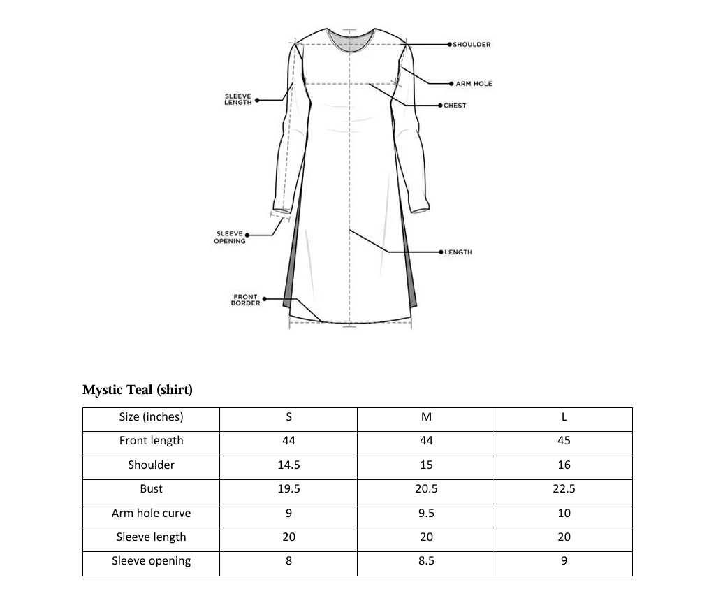 ARSHAÉ shirt size chart for Mystic Teal — S, M and L measurements