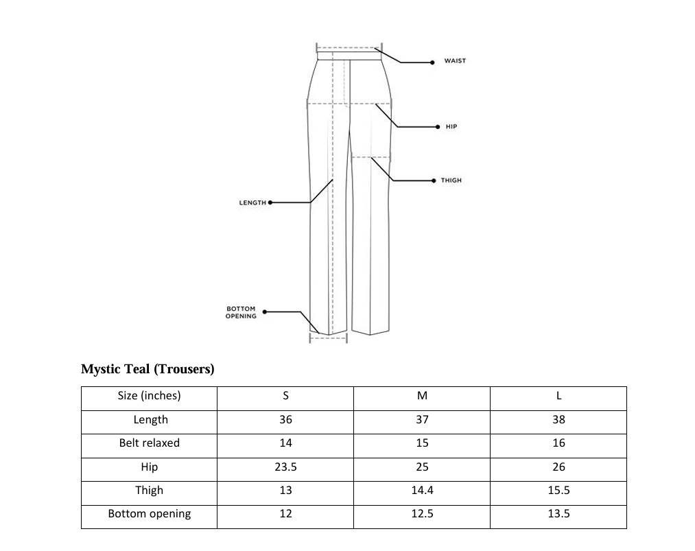 ARSHAÉ trouser size chart for Mystic Teal — S, M and L measurements
