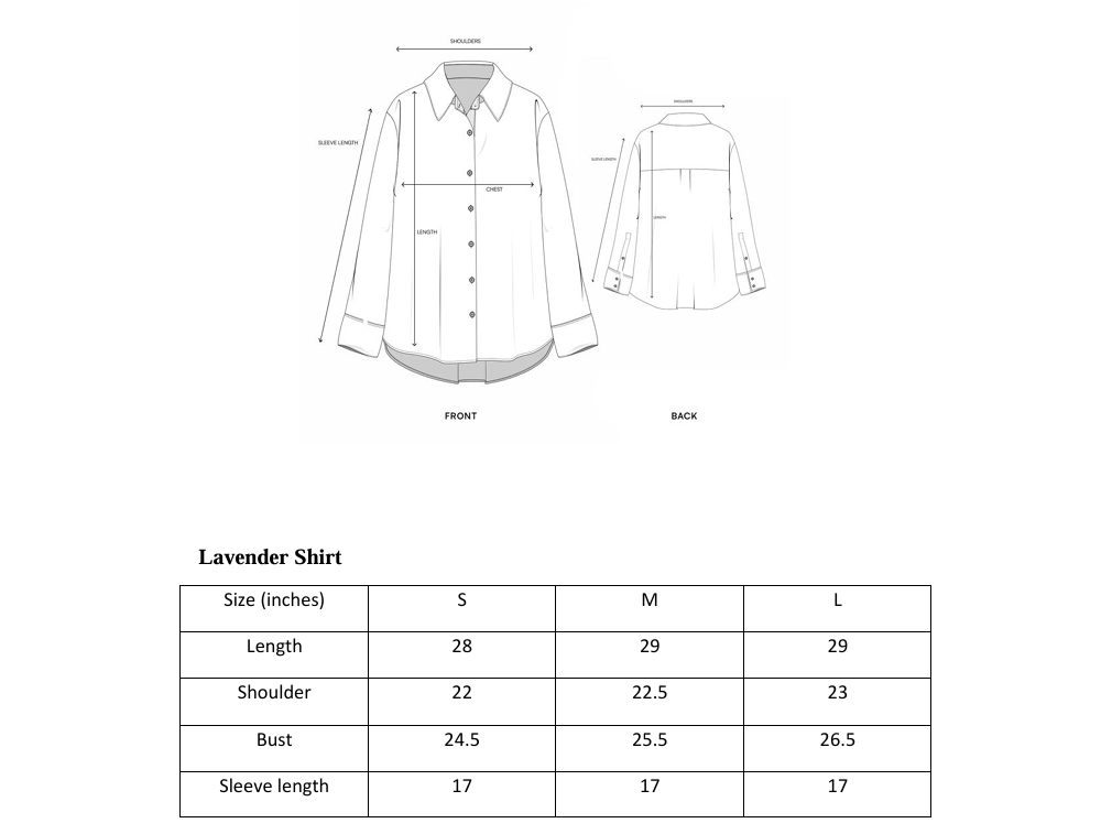 ARSHAÉ shirt size chart for Smoky Lavender — S, M and L measurements