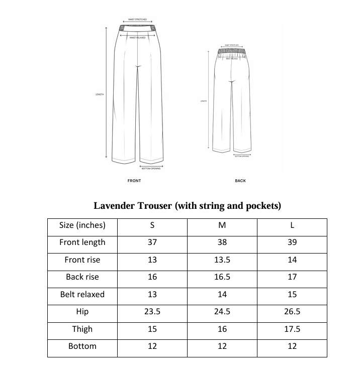 ARSHAÉ trouser size chart for Smoky Lavender — S, M and L measurements